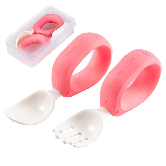 Training Spoon & Fork with Travel Case Pink | Toddler Self Feeding Utensil Set by HIWOOD