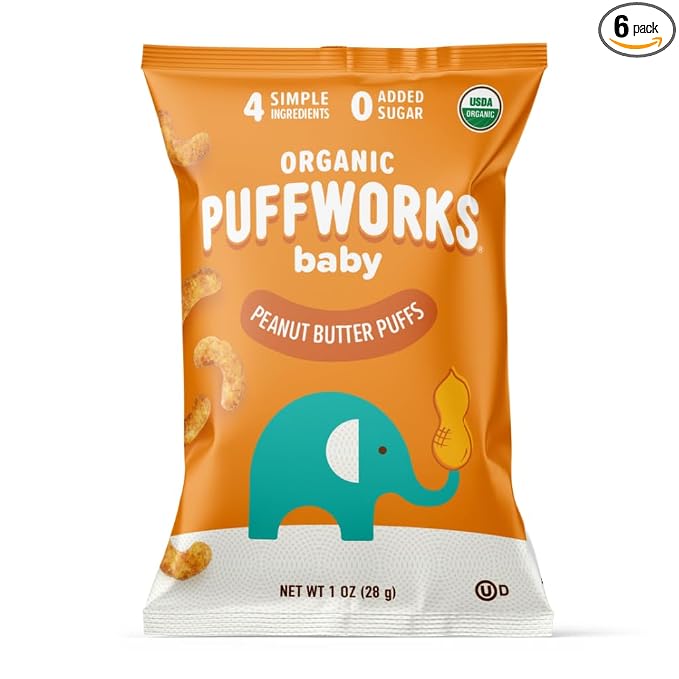 Puffworks Baby Organic Peanut Butter Puffs, Plant Protein, USDA Organic by Puffworks
