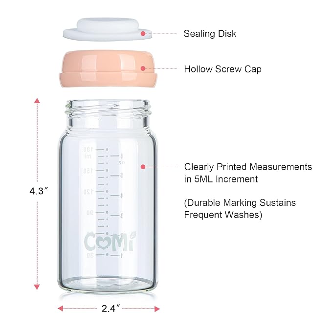 COMI Wide Neck Glass Breastmilk Collection n Storage Bottle, 4 Packs, 6oz - Image 3