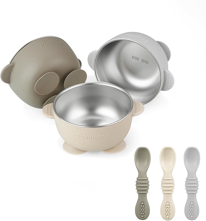 PandaEar 3 Pack Stainless Steel Suction Baby Bowls & 3 Baby Feeding Spoons | by PandaEar