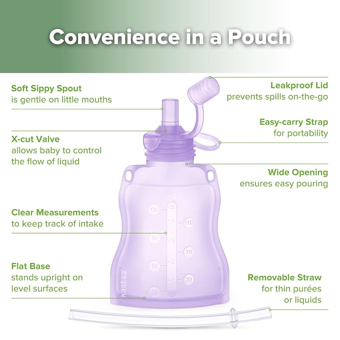 haakaa Baby Food Pouch Refillable Baby Squeeze Silicone Yummy Pouch, Soft - Image 4
