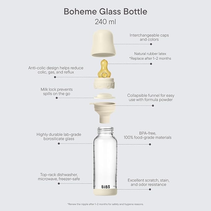 BIBS Boheme Baby Glass Bottle 8 oz /240 ml. Anti-Colic. Round Natural Rubber - Image 3