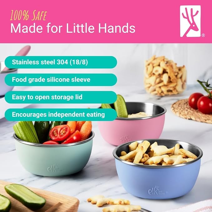 Elk and Friends Stainless Steel Bowls + Silicone Sleeve and Storage Lid | Baby - Image 2