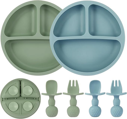 2 Pack Baby Plates with Suction, 2 Pack Silicone Forks and Spoons Set, Baby Led by Eascrozn