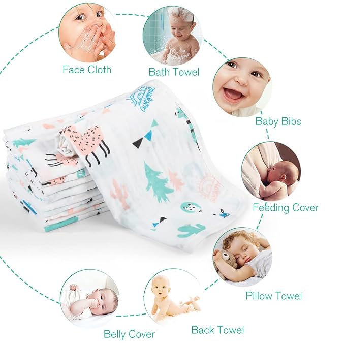 Yoofoss Muslin Burp Cloths for Baby 10 Pack 100% Organic Cotton Baby Washcloths - Image 5