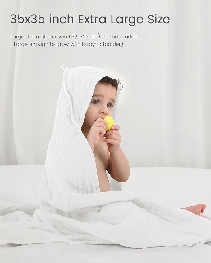 Newborn Hooded Baby Towels, 35x35 Inch 2 Pack 100% Muslin Cotton Baby Bath Towel - Image 3