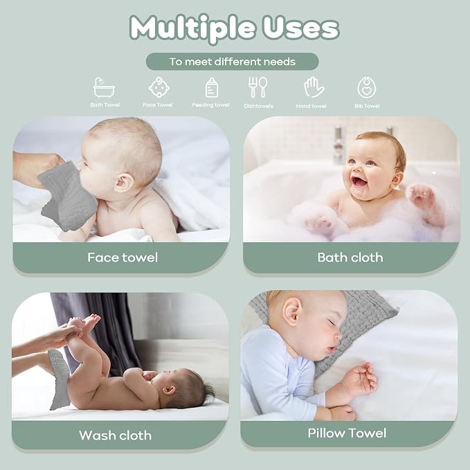 Yoofoss Muslin Baby Washcloths 100% Cotton Face Towels 10 Pack Wash Cloths - Image 5