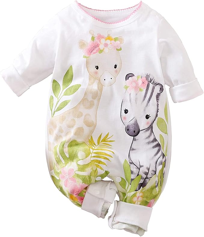 Cute Giraffe + Zebra With Floral Print Long Sleeve Baby Girl Clothes White by AOSWEP