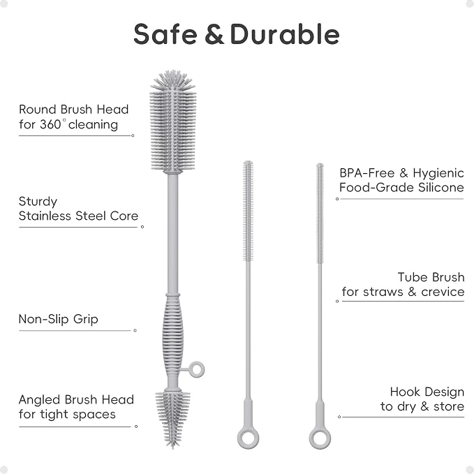 Baby Bottle Brush and Straw Cleaner Brush Set, Extra Long Double-Ended Soft - Image 2
