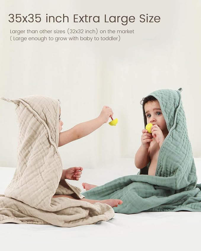 Hooded Baby Towels for Newborn, 35x35 Inch 2 Pack 100% Muslin Cotton Baby Bath - Image 2