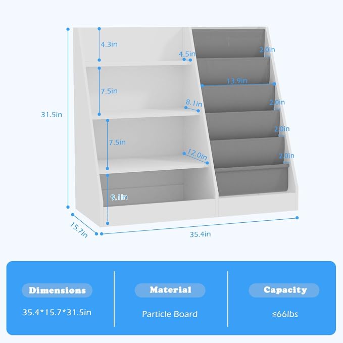 4 Tier Kids Wooden Bookshelf, 5 Layer Sling Toddler Bookcase, Baby Storage Book - Image 3