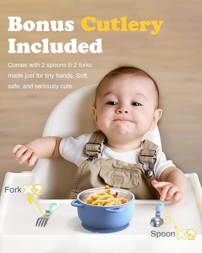Toddler Feeding Suction Bowls and Utensils Set, 2-in-1 Stainless Steel 304 Kids - Image 4