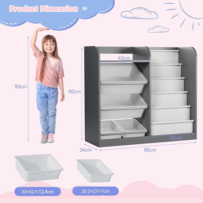 Grey Kids Wood Bookshelf Toy Storage Box Organizer Shelf W/4 Removable Plastic - Image 9