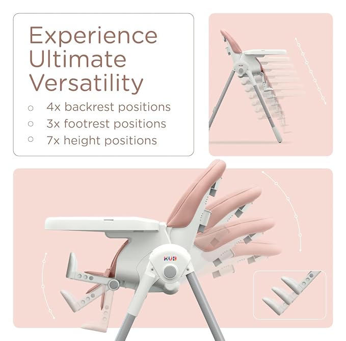 KÜB 3-in-1 Foldable Baby High Chair, 7 Height & 4 Recline Adjustable Seat & Tray - Image 2