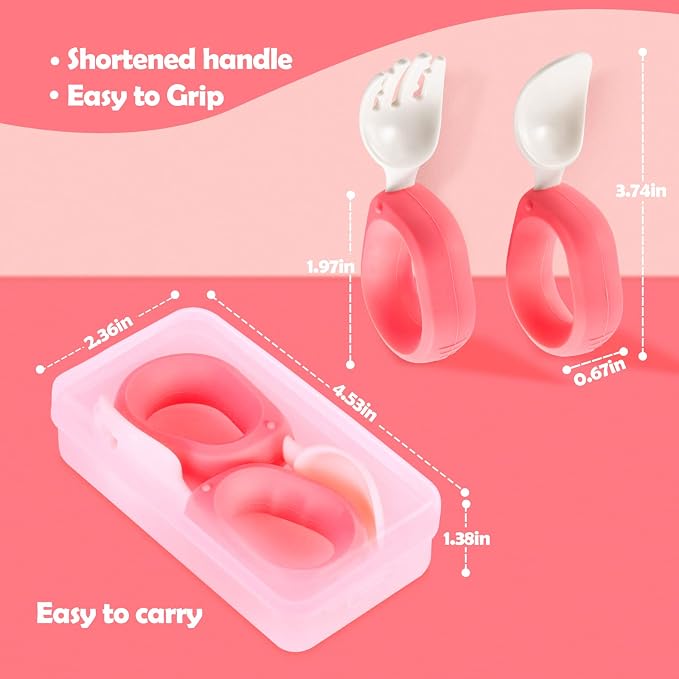 Training Spoon & Fork with Travel Case Pink | Toddler Self Feeding Utensil Set - Image 7