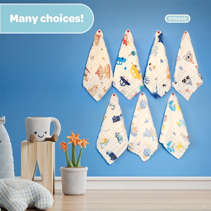 Muslin Baby Washcloths Baby Wipes Newborn Pack of 7-Car Patten, Absorbent Baby - Image 5