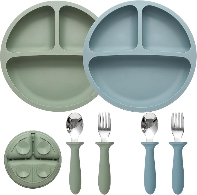 Baby Feeding Set, 2 Pack Silicone Divided Suction Plates by Eascrozn