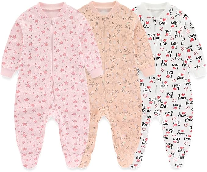 Newborn Baby 2-way Zipper Romper Cotton One-piece Jumsuit 3-pack, 0-24 Months by MAMIMAKA