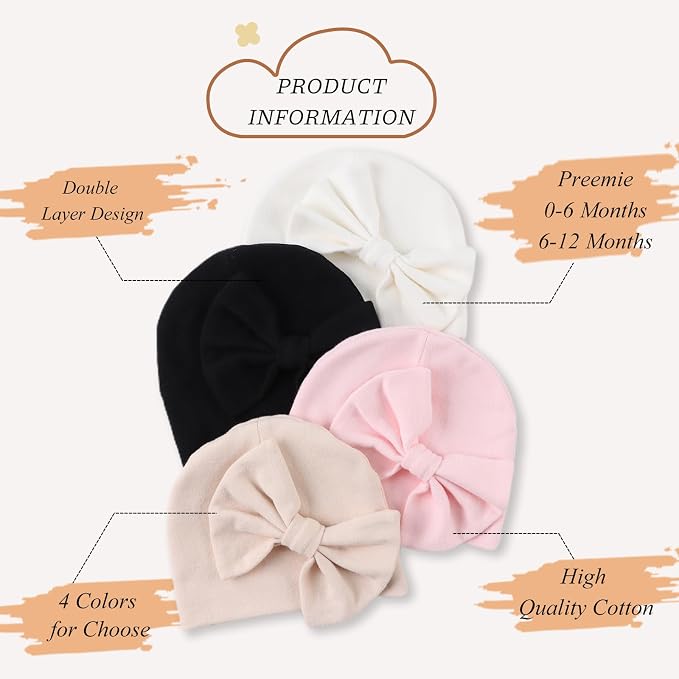 Bamery Newborn Baby Girl Hat Cotton Baby Bow Beanie Preemie Hats Spring Infant - Image 2
