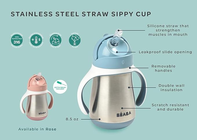 Beaba Stainless Steel Straw Sippy Cup, Insulated Toddler Cups Spill Proof - Image 3