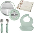 Stainless Steel Toddler Feeding Set 4 Pieces – Suction Plate, Silicone Bib by TotsGround