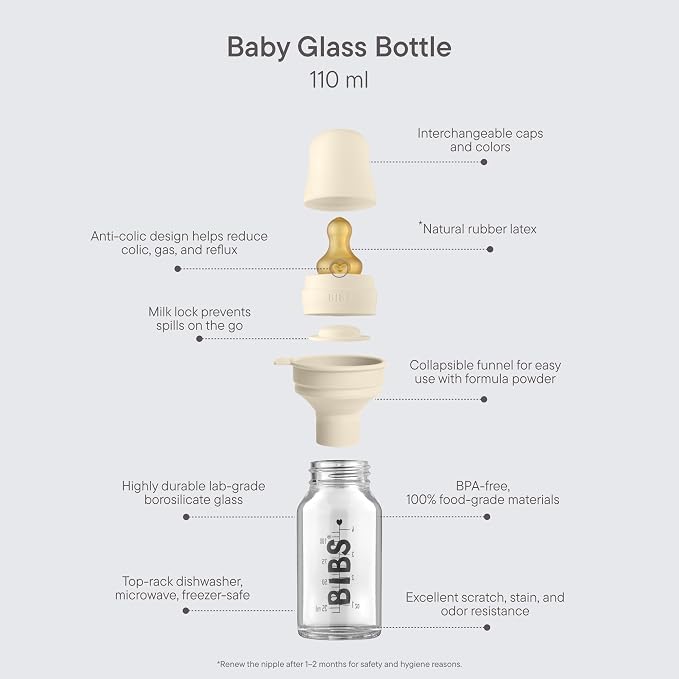 BIBS Baby Glass Bottle. Anti-Colic. Round Natural Rubber Latex Nipple. Supports - Image 2