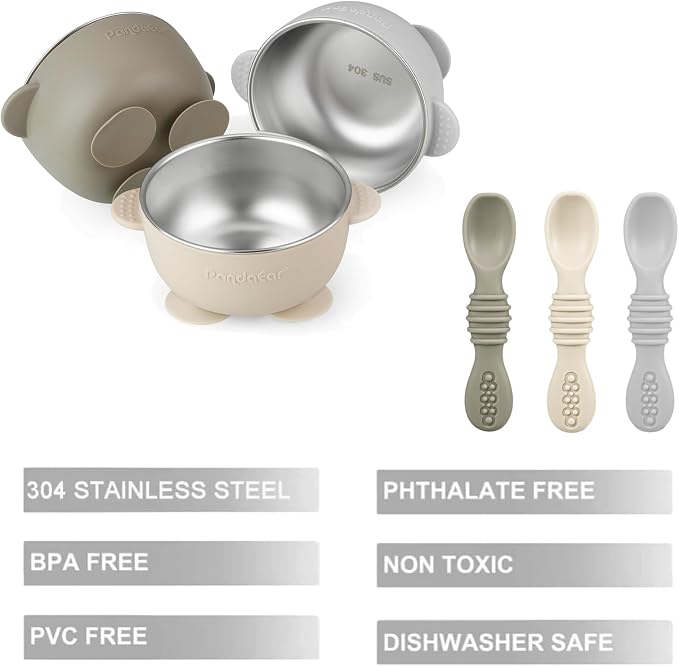 PandaEar 3 Pack Stainless Steel Suction Baby Bowls & 3 Baby Feeding Spoons | - Image 4
