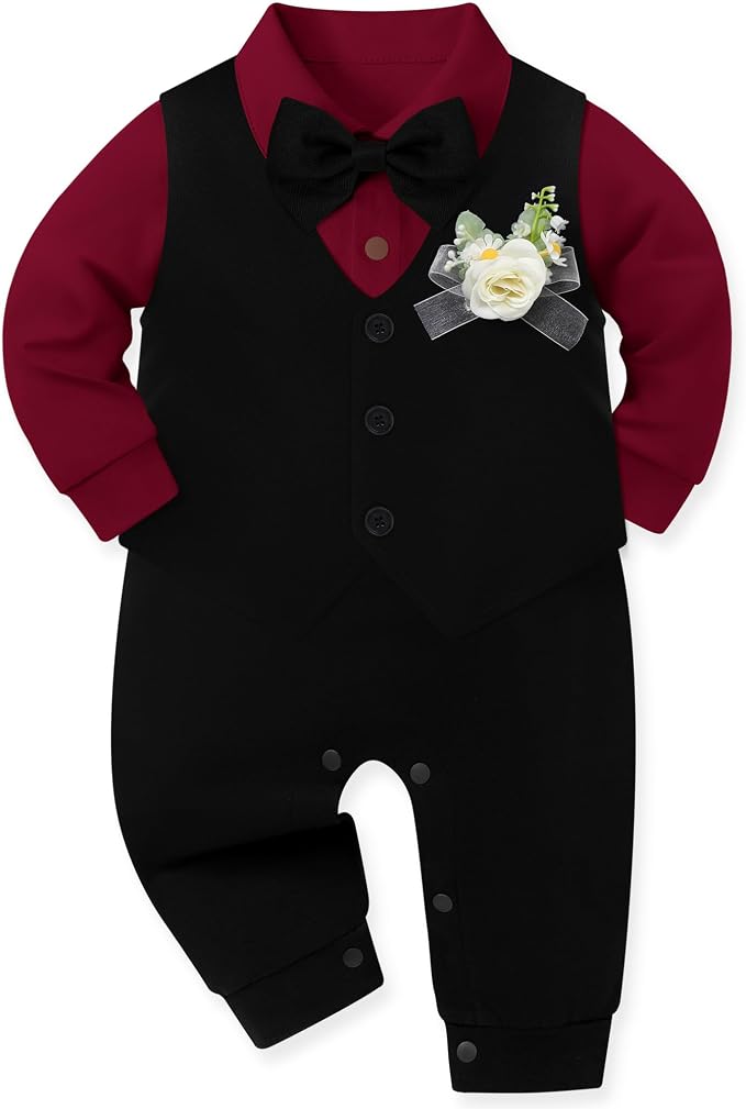 Baby Boy Clothes Gentleman Baby Suit Long Sleeve Romper+Vest+Bow Tie+Corsage by Unknown