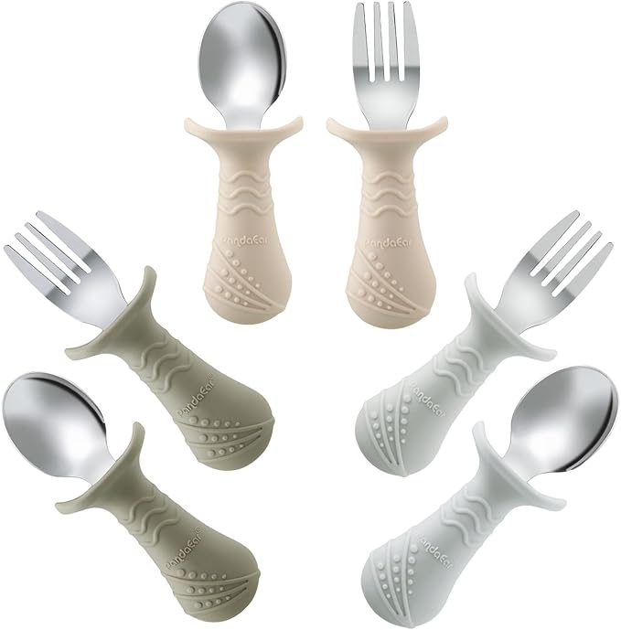 PandaEar Baby Toddler Fork and Spoon Utensil Set, 6 Pack Silicone Stainless by PandaEar