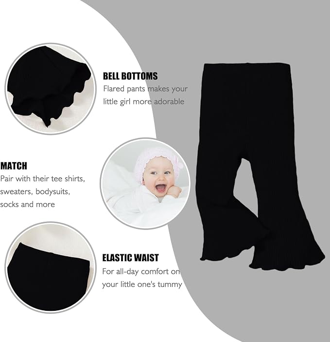 SOBOWO Baby Girl Flare Pants 3 Pack Toddler Solid Ribbed Ruffle Bell Bottoms - Image 4