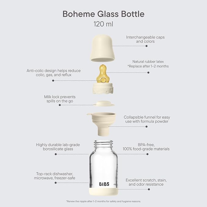 BIBS Boheme Baby Glass Bottle 4 oz /120 ml. Anti-Colic. Round Natural Rubber - Image 3