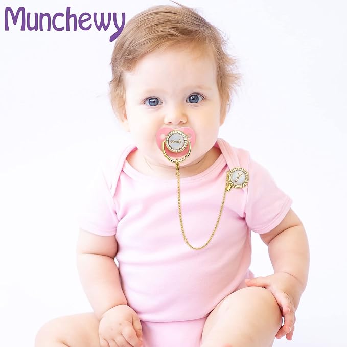 Personalized Pacifier with Name, Bling Gold Pacifier Clip Set with Gift Box - Image 2