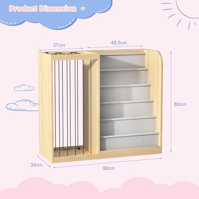 Natural Wood Kids Bookshelf & Stuffed Animal Net Holder Plush Toy Storage - Image 9
