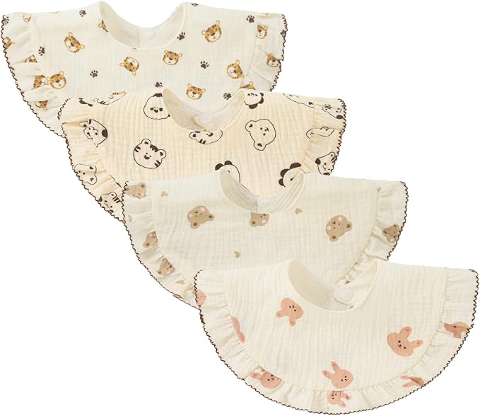 Nishine 4 pcs Unisex Baby Muslin Bandana Drool Bibs 360 Degree Rotatable Cotton by Nishine