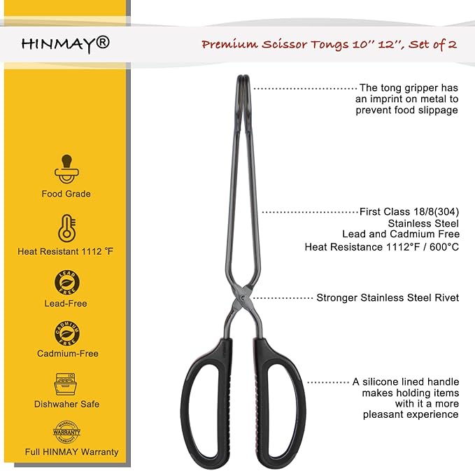 Stainless Steel Kitchen Tongs 10" and 12" Set, Comfortable Grip Scissor Tongs - Image 2