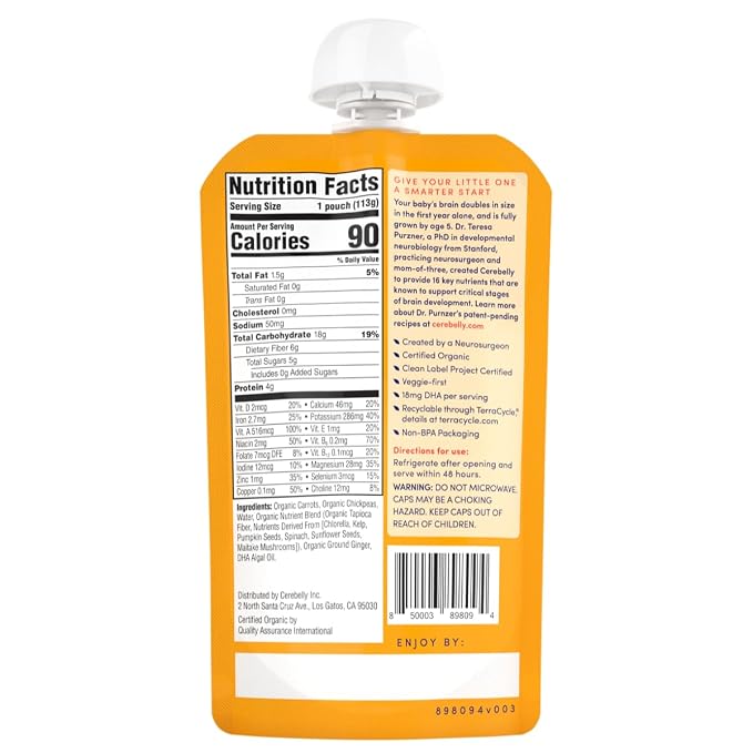 Cerebelly Organic Baby Food Pouches, Carrot Chickpea Purees, 16 Nutrients - Image 3