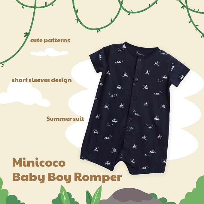 3-Pack 100% Cotton Baby Boy Rompers, 0-24Months Short Sleeve Toddler Romper - Image 2