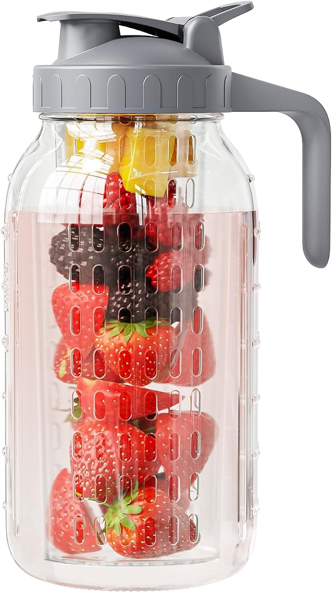 Fruit Infuser Water Pitcher, Glass Mason Jar Pitcher, 64oz Wide Mouth Jug by KOIKEY