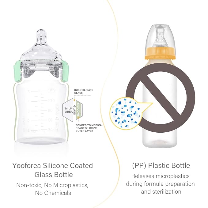 Yooforea Silicone Coated Glass Baby Bottle, 2M+ Medium Flow Nipple I Anti-Colic - Image 3