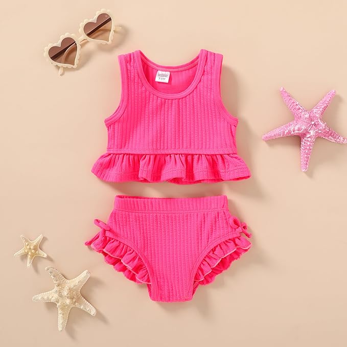HAPPYMA Baby Swimsuit Toddler Girl Bathing Suit Summer Solid Color Bikini Set - Image 2
