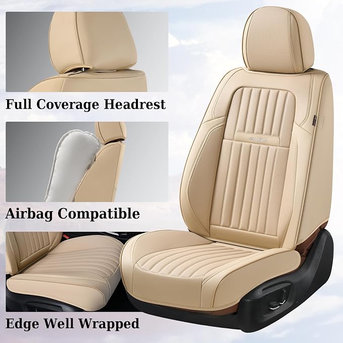 Coverado Beige Nappa Leather Car Seat Covers, Universal Fit Front Seats - Image 3