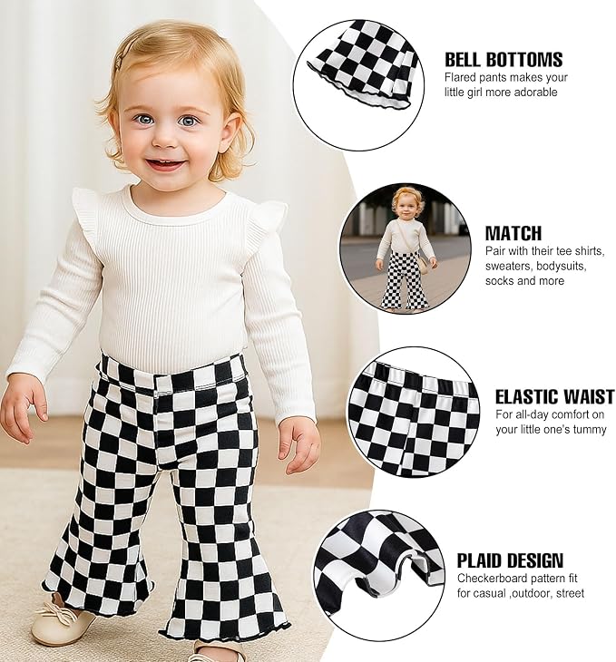 SOBOWO Checkered Baby Girl Flare Pants 3 Pack Toddler Bell Bottoms Plaid Ruffle - Image 4