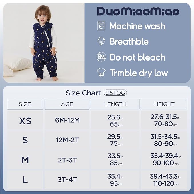 Duomiaomiao 2.5 TOG Toddler Sleep Sack 12-24 Months 100% Cotton Winter Side - Image 6