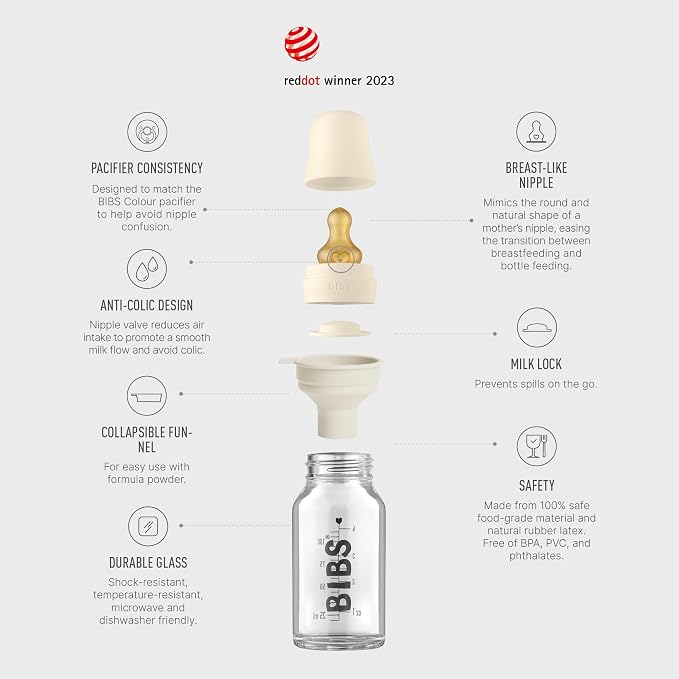 BIBS Baby Glass Bottle Complete Set 110 ml | BPA Free Natural Rubber | Made in - Image 2