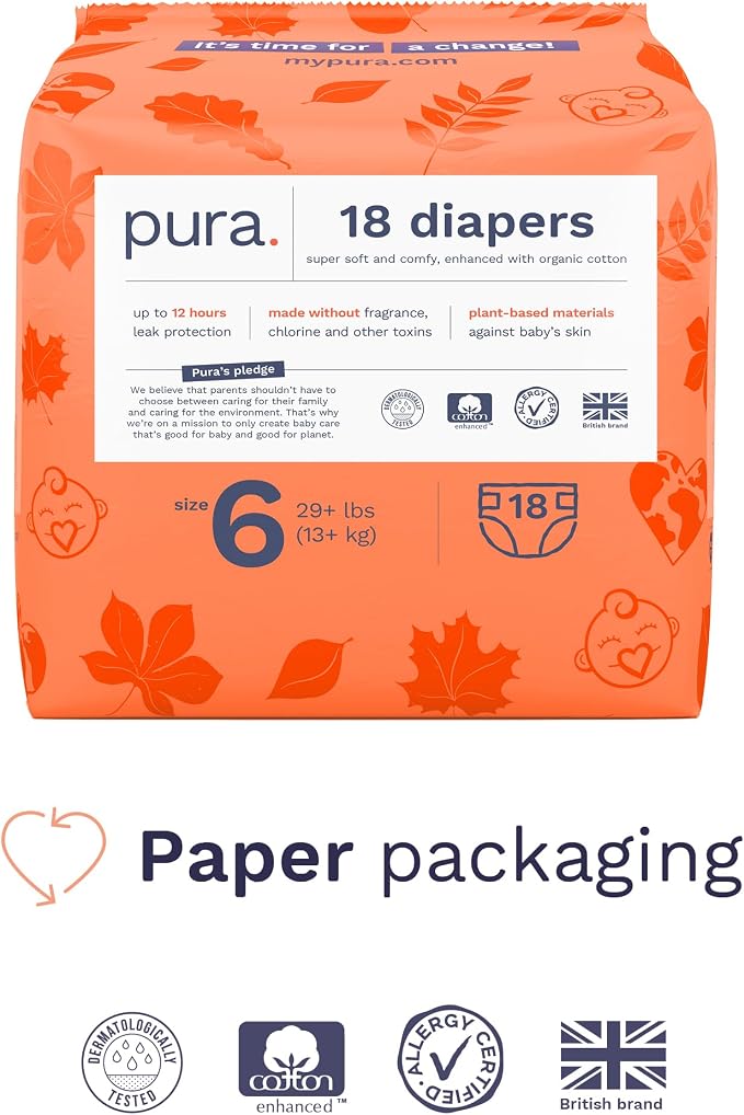 Pura Size 6 Eco-Friendly Diapers Totally Chlorine Free Hypoallergenic, Soft - Image 2