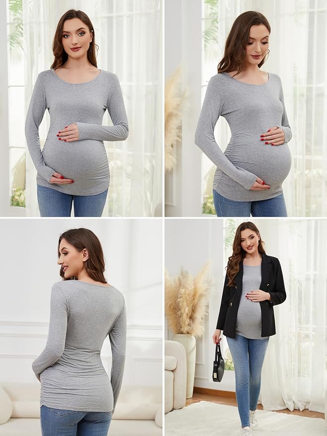 Ecavus Women's Maternity Shirts Long Sleeve Soft Stretchy Pregnancy Tops Side - Image 5