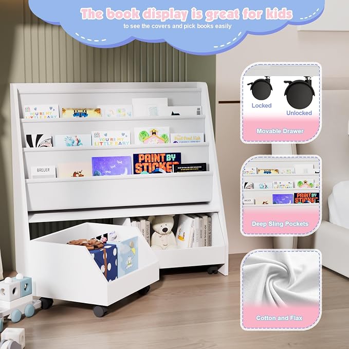 Kids Bookshelf with Two Movable Drawers Toddler Bookcase with Toy Storage - Image 7