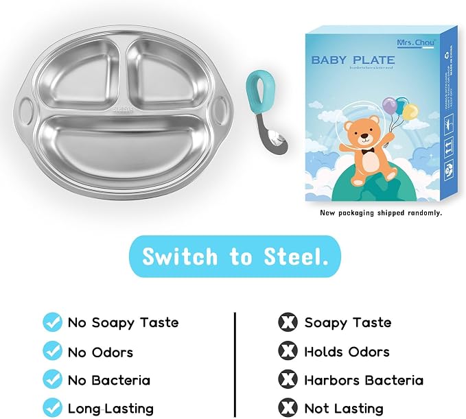 Mrs. Chou® Stainless Steel Kids Plates Suction Plates Divided Baby Plates - Image 3