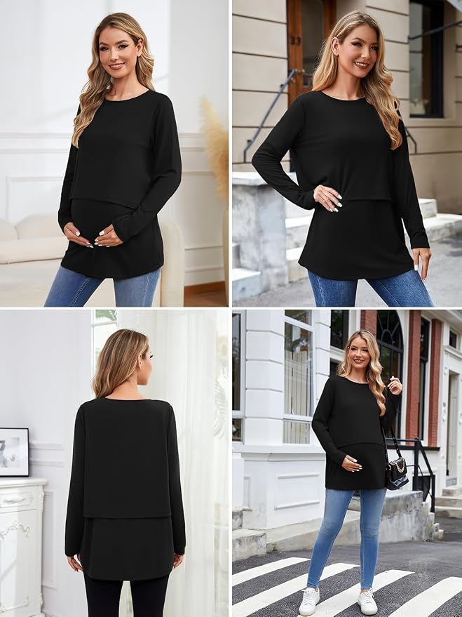 Ecavus Women's 3Pack Maternity Nursing Shirts Long Sleeve Double Layer - Image 6