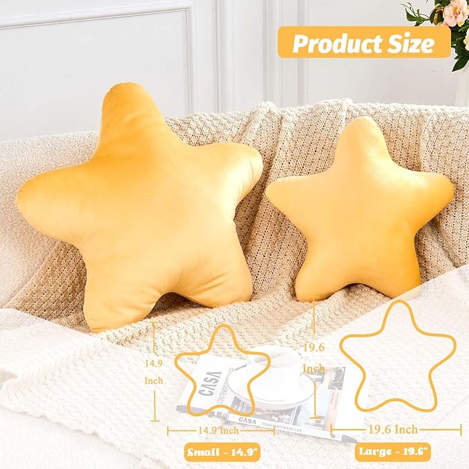 Yellow Star Throw Pillow, Cute Star Pillow Room Decor, Soft 19.6" Star Shaped - Image 2